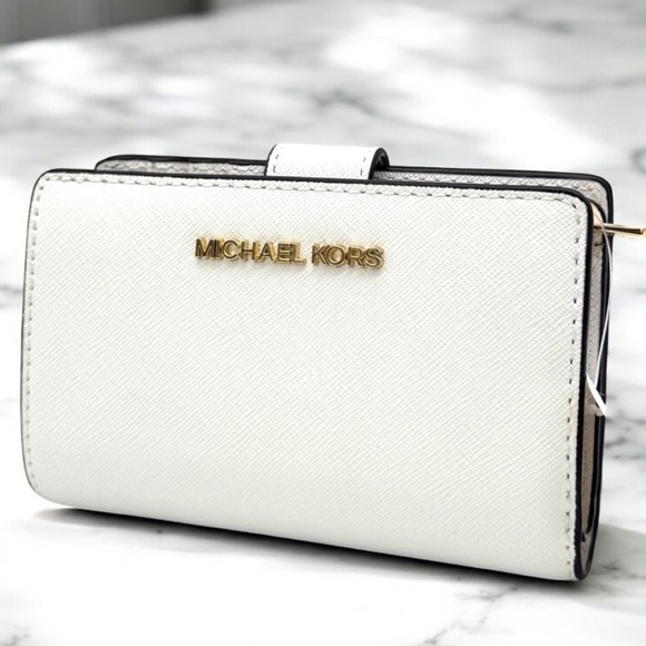 Michael Kors Medium Jet Set Travel Zip Chain Bifold Wallet Leather Optic White - Picture 1 of 8